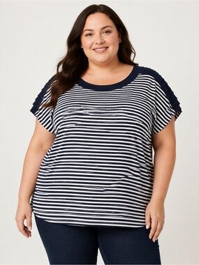 Cable & Gauge Navy and White Striped Short Sleeve Top